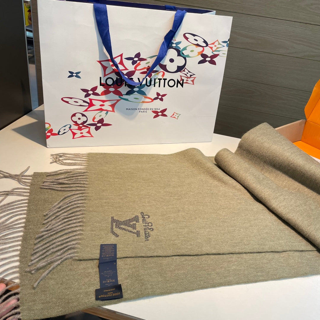 LV Men's Scarf 180cm Olive Green Wool Cashmere 978828