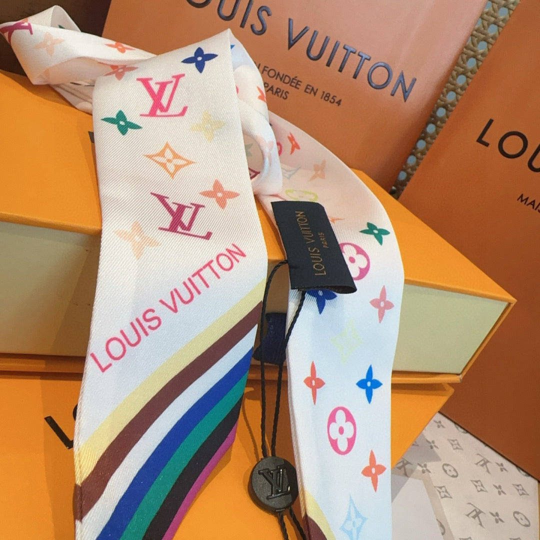 LV Twilly Scarf 120cm White Colorful Silk 965662