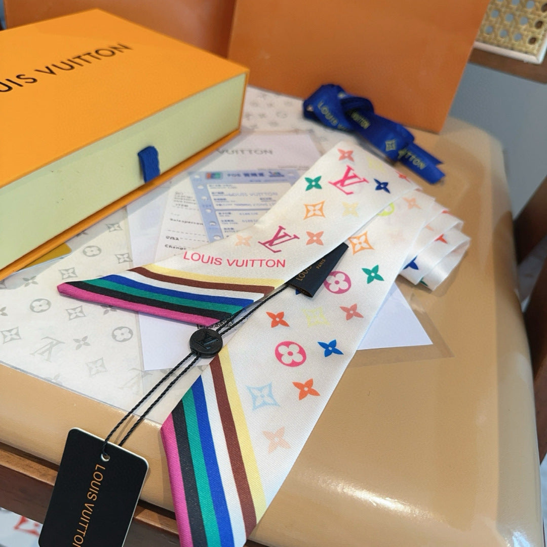 LV Twilly Scarf 120cm White Colorful Silk 965662