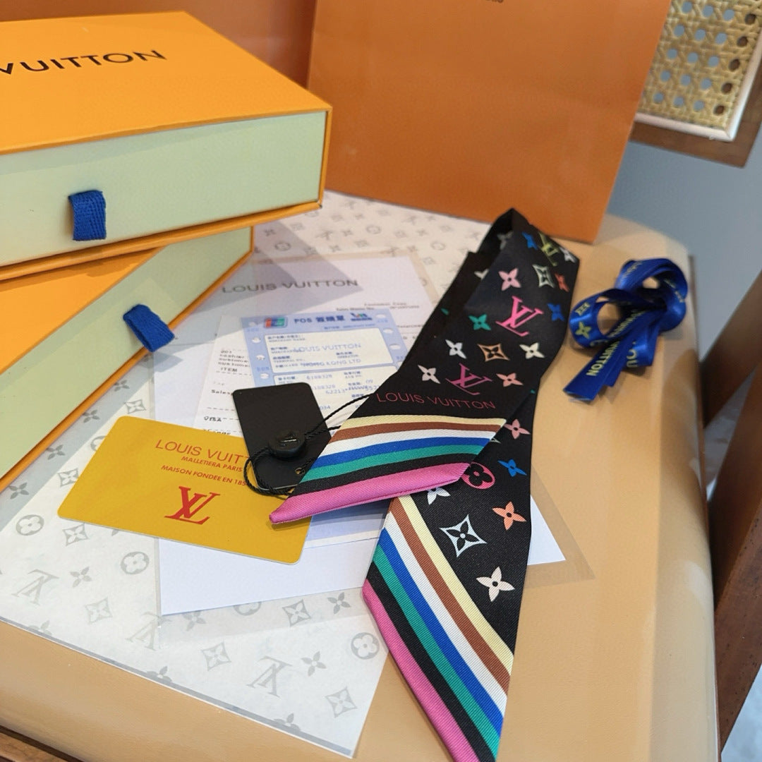 LV Twilly Scarf 120cm Black Colorful Silk 965663