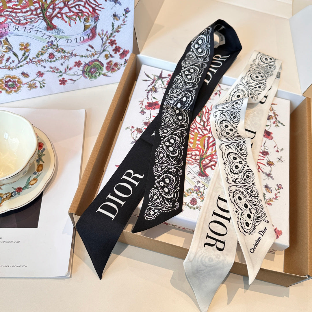 CD Twilly Mini Scarf 105cm Black White Mulberry Silk 968856