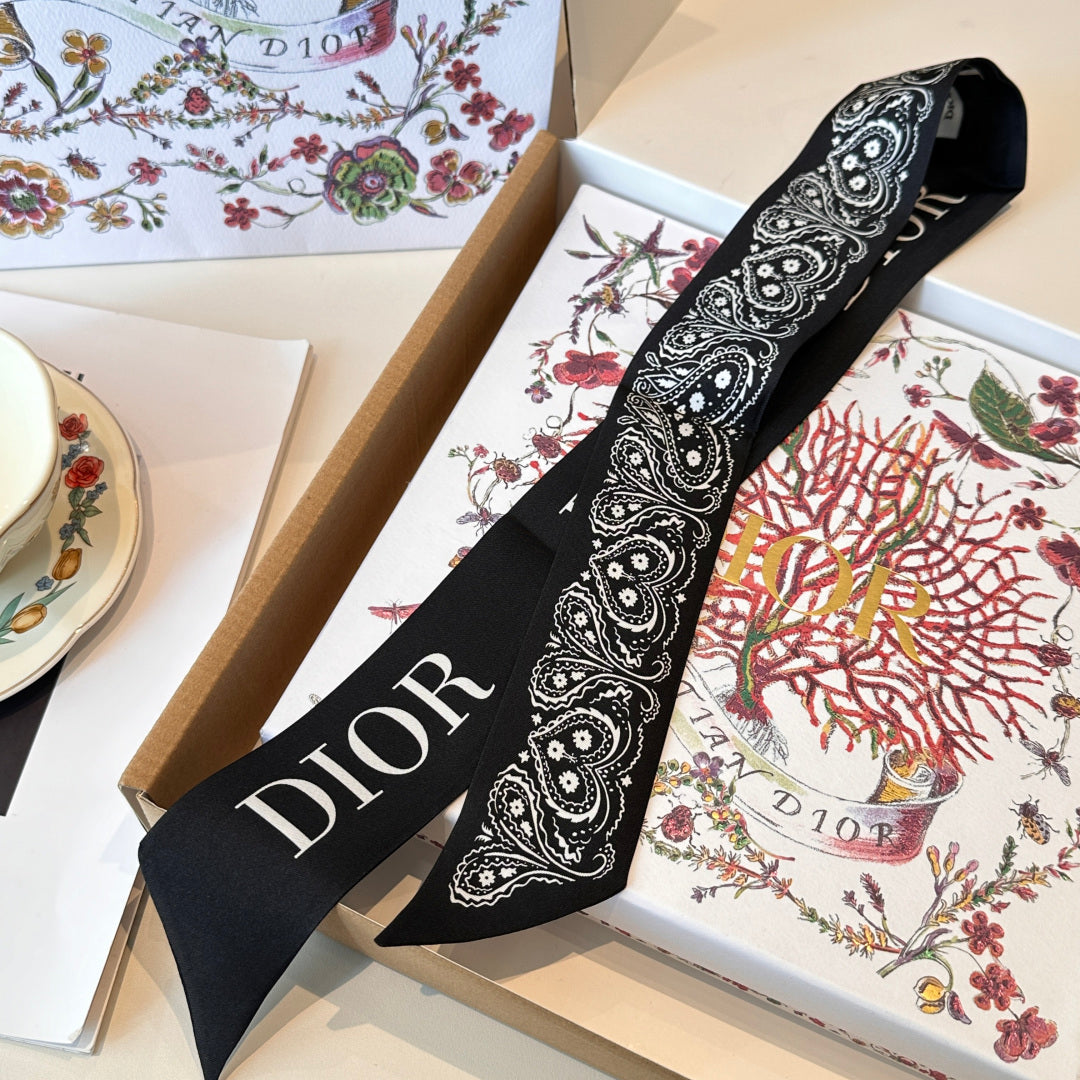 CD Twilly Mini Scarf 105cm Black White Mulberry Silk 968856