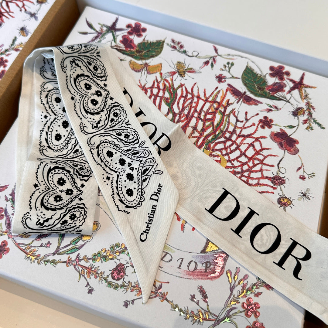 CD Twilly Mini Scarf 105cm White Black Mulberry Silk 968857