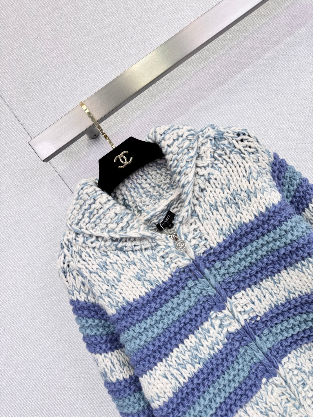 Chanel 2025 Striped Knit Cardigan Blue mix Colors Cashmere 325537