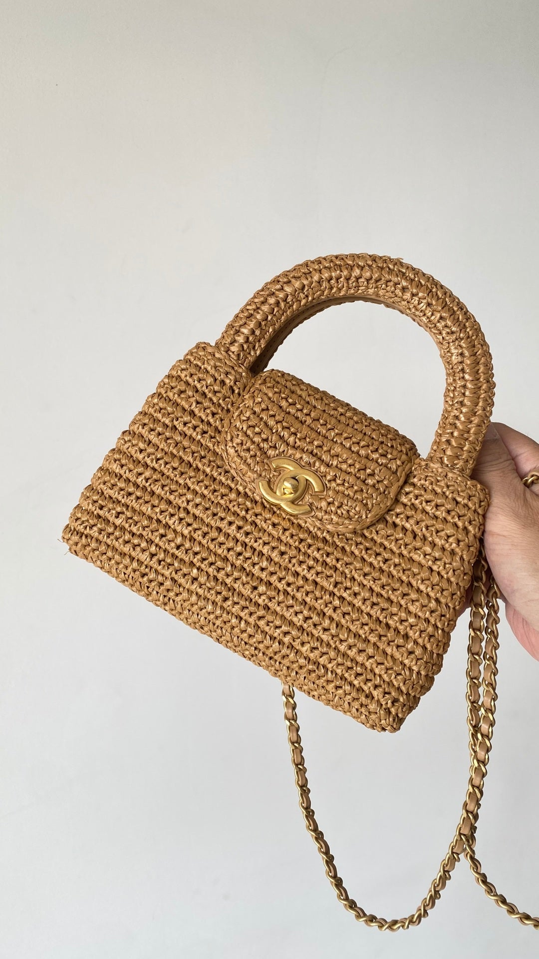 Chanel 25 Bag 19cm Dark Beige Raffia
