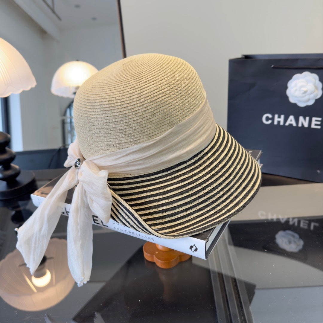 Chanel Striped Brim Straw Hat 360777