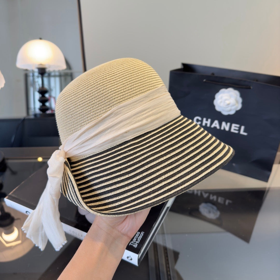 Chanel Striped Brim Straw Hat 360777