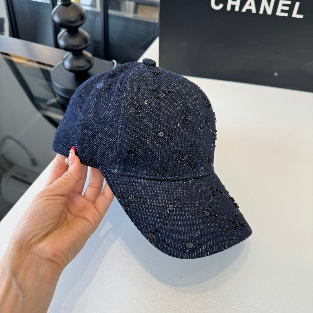 Chanel Baseball Cap With Decorative Embellishments Blue Denim Cotton 237288