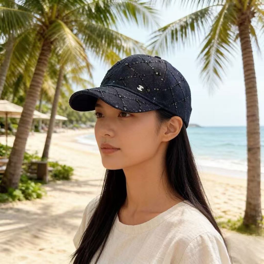Chanel Baseball Cap With Decorative Embellishments Blue Denim Cotton 237288