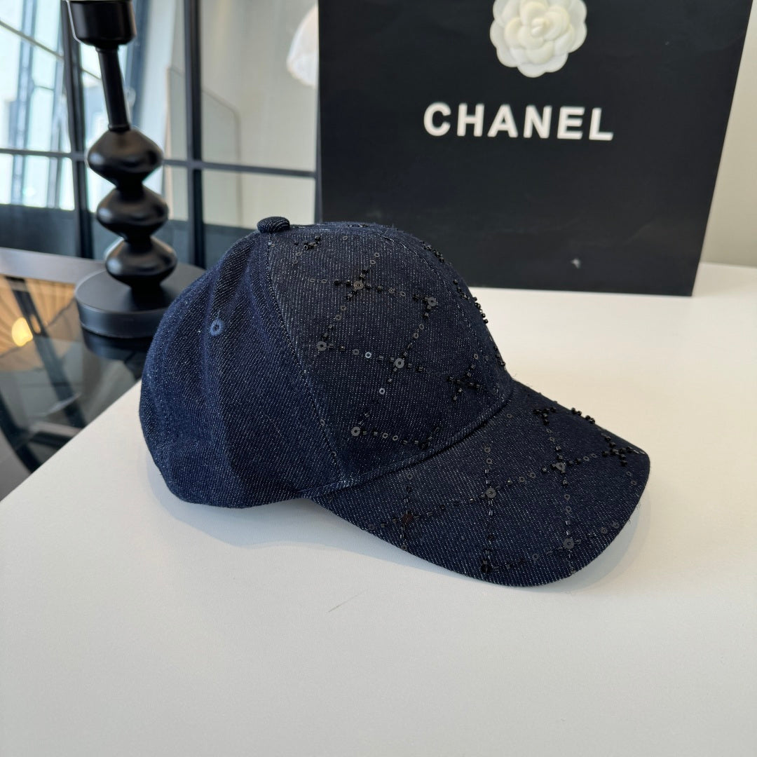 Chanel Baseball Cap With Decorative Embellishments Blue Denim Cotton 237288