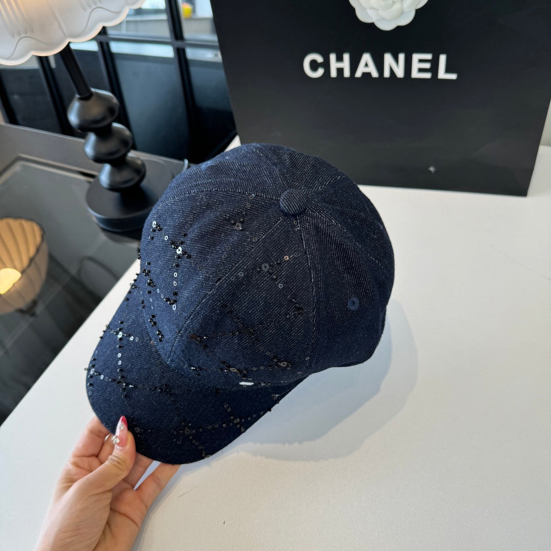 Chanel Baseball Cap With Decorative Embellishments Blue Denim Cotton 237288