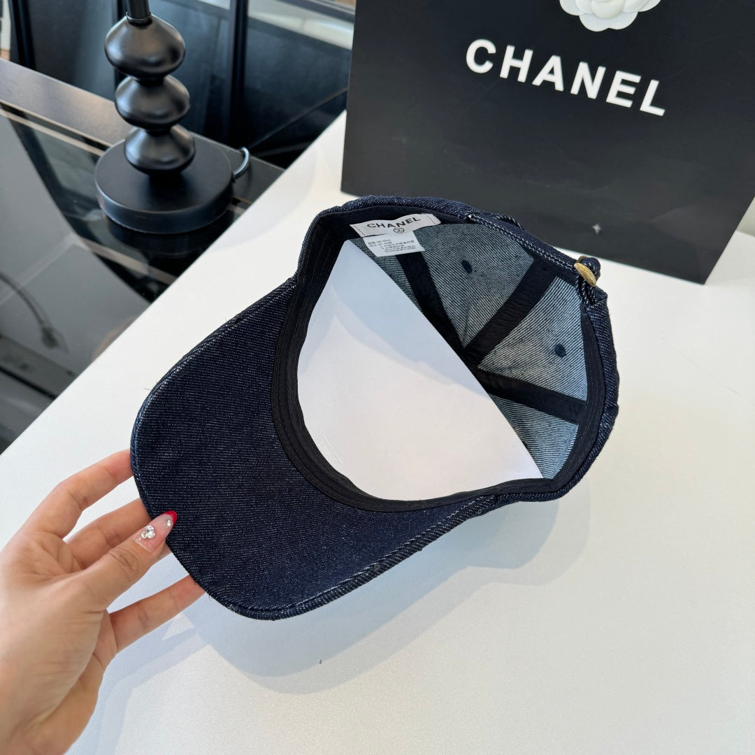 Chanel Baseball Cap With Decorative Embellishments Blue Denim Cotton 237288