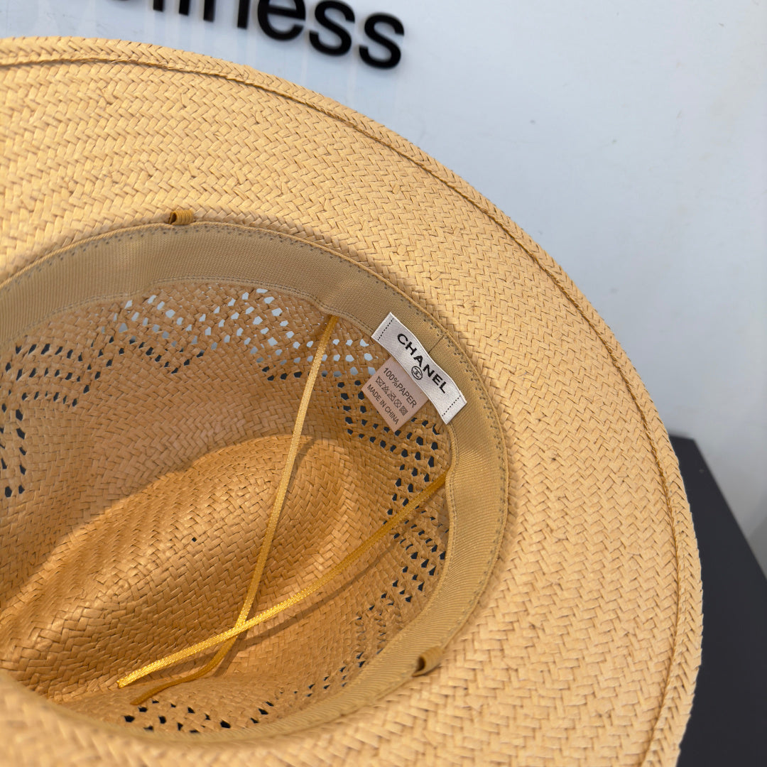 Chanel Hat Beige mix Black Straw 360780