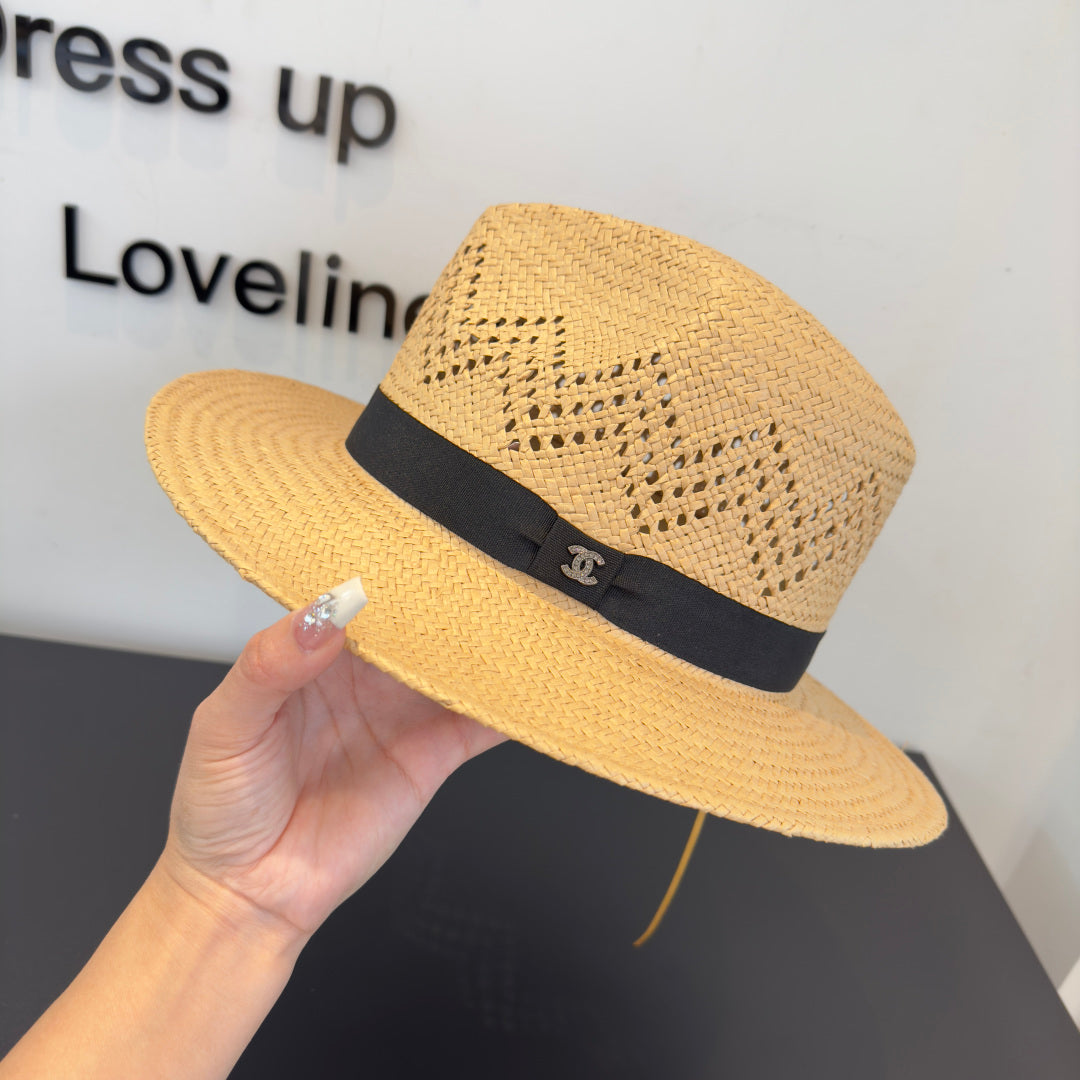 Chanel Hat Beige mix Black Straw 360780