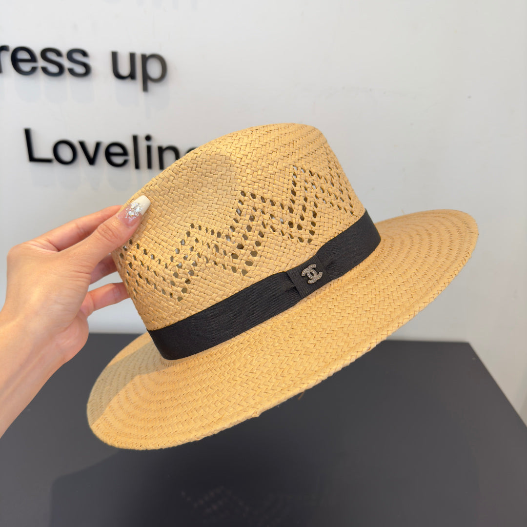 Chanel Hat Beige mix Black Straw 360780