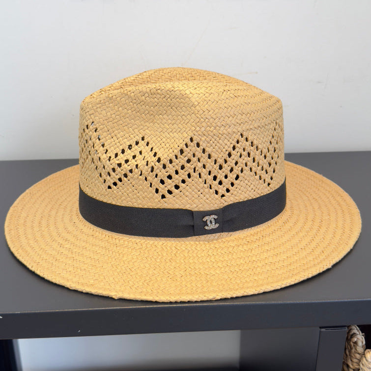 Chanel Hat Beige mix Black Straw 360780
