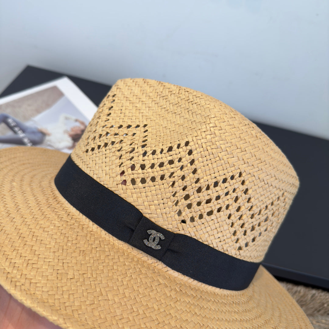 Chanel Hat Beige mix Black Straw 360780