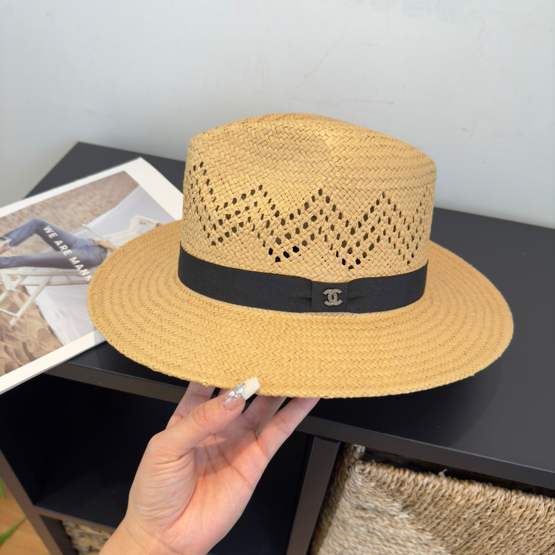 Chanel Hat Beige mix Black Straw 360780