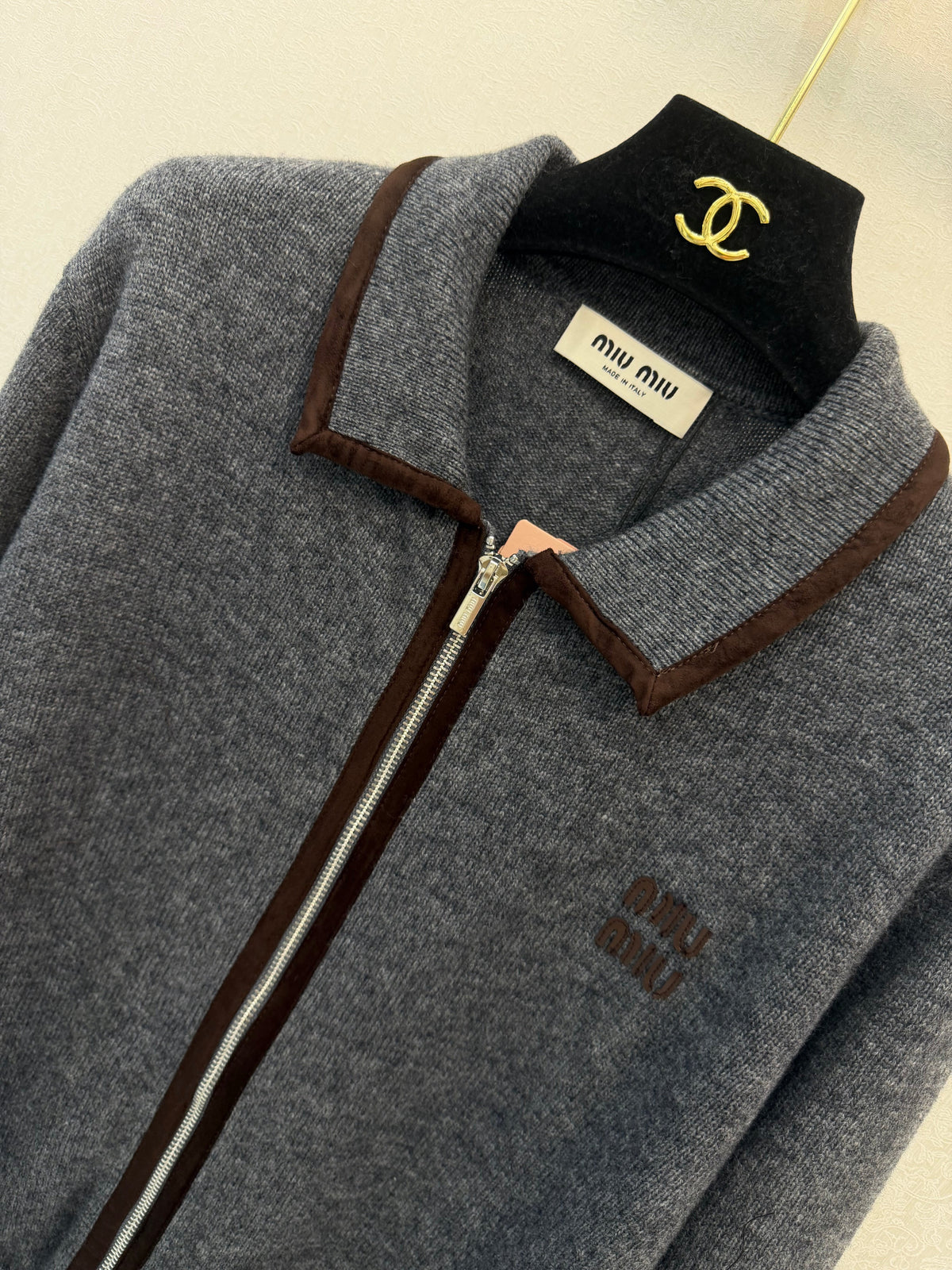 Miumiu 2026 Collared Double-zip Cardigan Grey Wool 425587