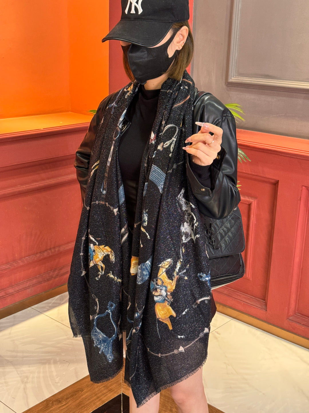 HM 25s Radiant Scarf 200cm Black Blue Cashmere Silk 962392