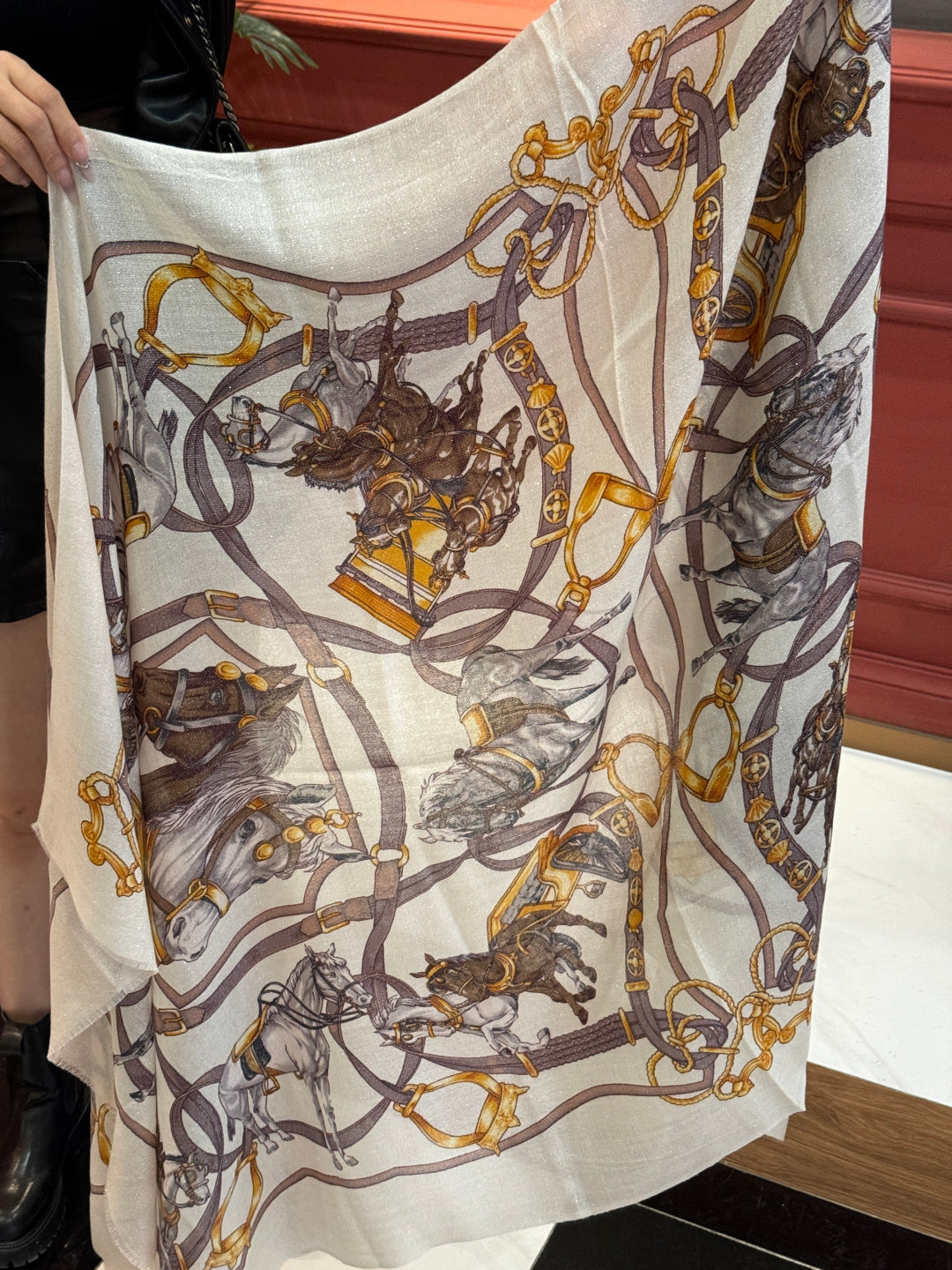 HM 25s Radiant Scarf 200cm White Purple Brown Cashmere Silk 962394