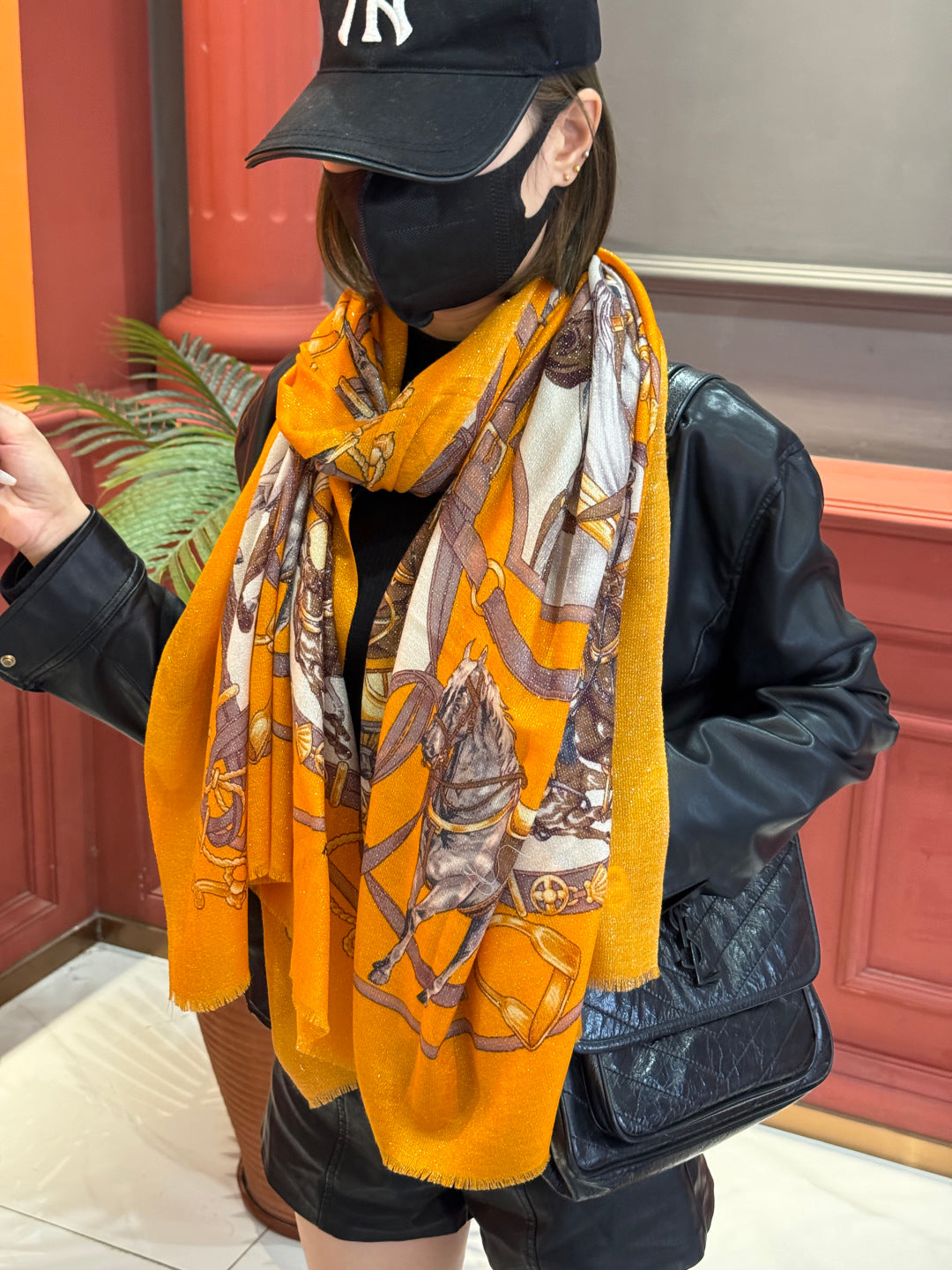 HM 25s Radiant Scarf 200cm Orange Brown Cashmere Silk 962395