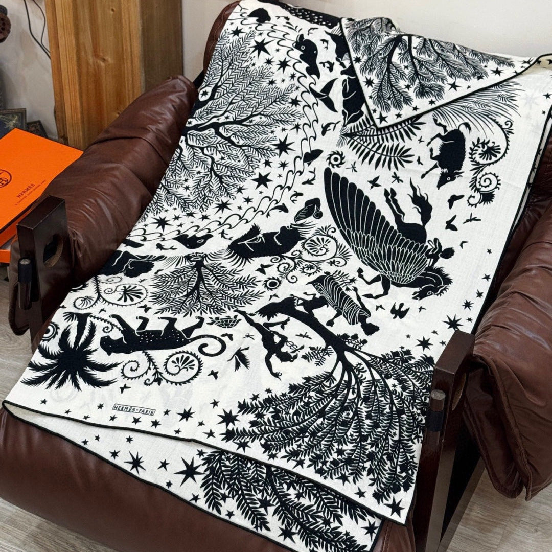 HM 25s Scarf 140cm Black White Cashmere Silk 962471