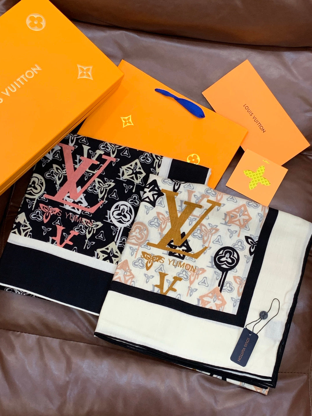 LV X TM MONOGRAM Scarf  Black Pink Blue Silk Cashmere 965396