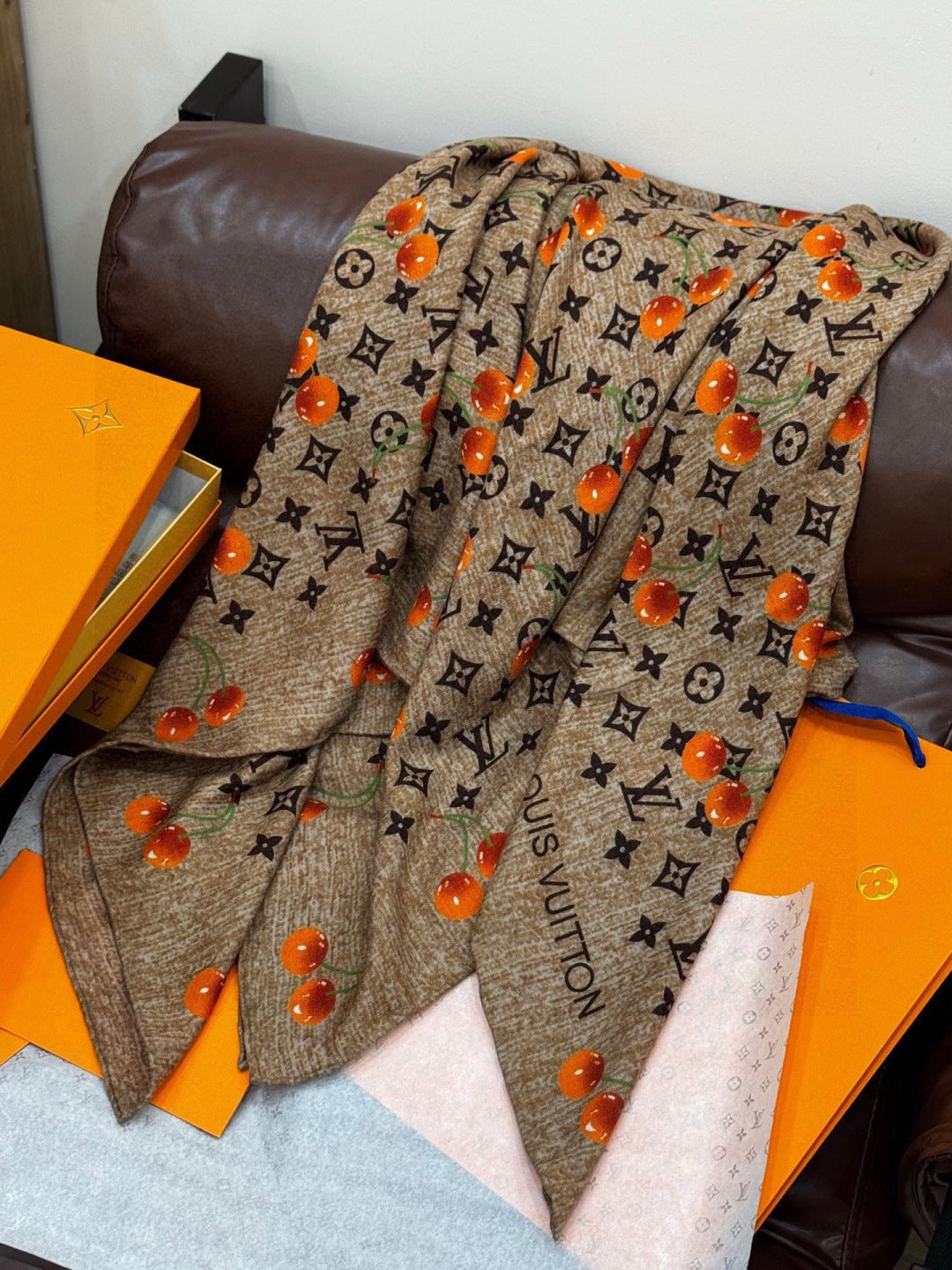 LV X TM MONOGRAM Scarf Light Brown Orange Silk Cashmere 965426