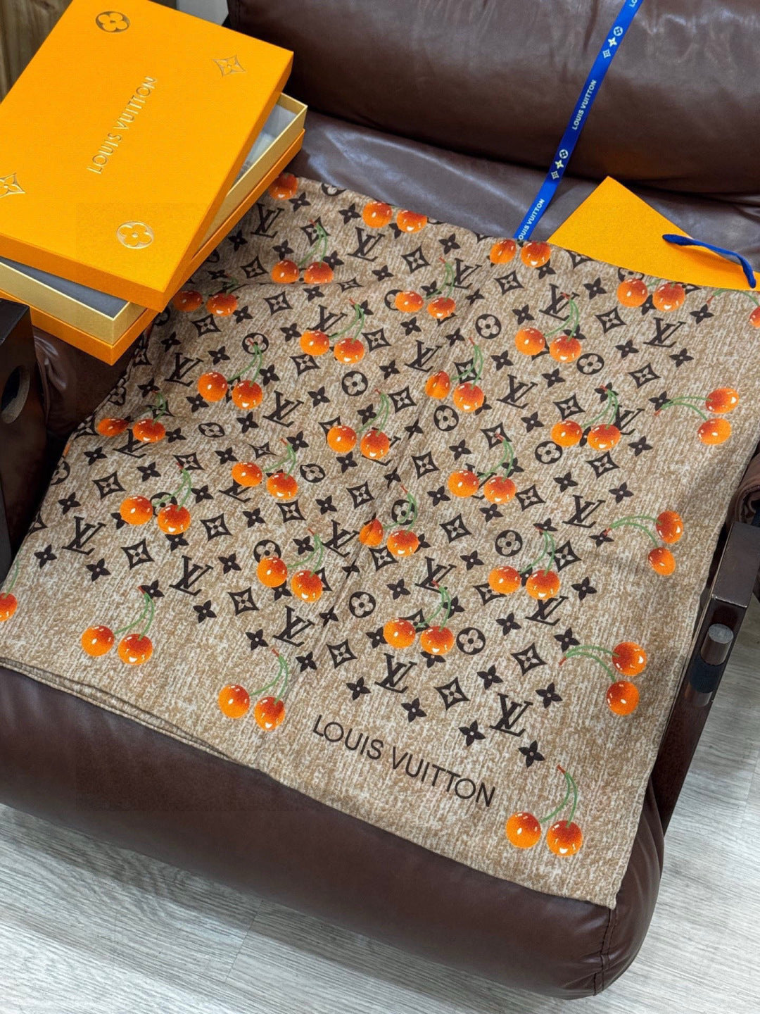 LV X TM MONOGRAM Scarf Light Brown Orange Silk Cashmere 965426