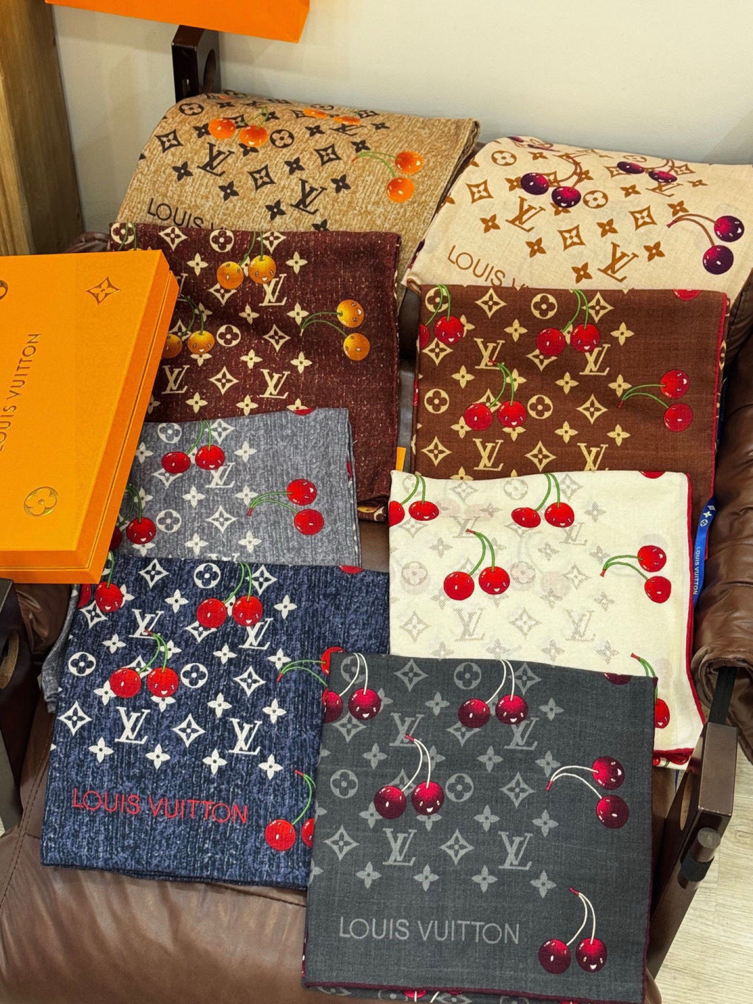 LV X TM MONOGRAM Scarf Light Brown Orange Silk Cashmere 965426