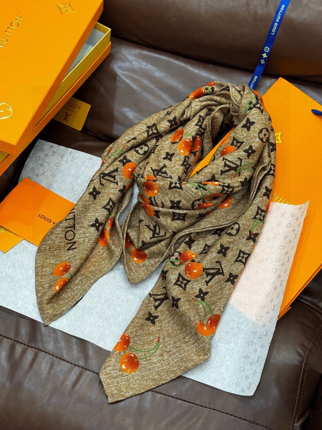 LV X TM MONOGRAM Scarf Light Brown Orange Silk Cashmere 965426