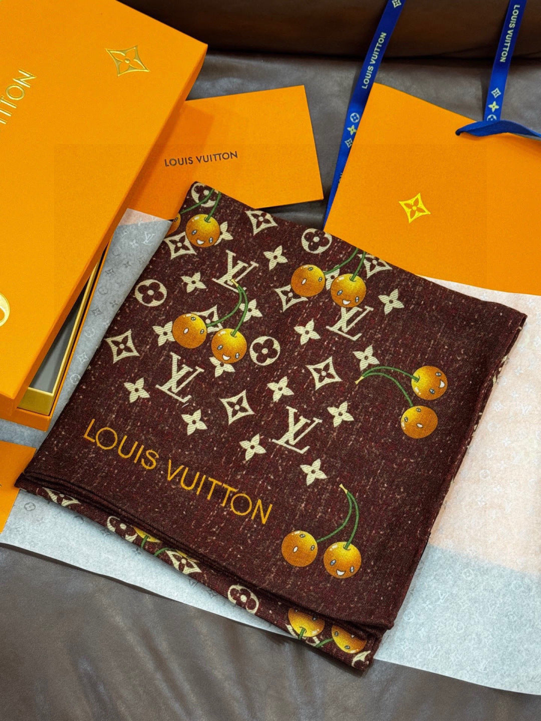 LV X TM MONOGRAM Scarf Brown Yellow Silk Cashmere 965427