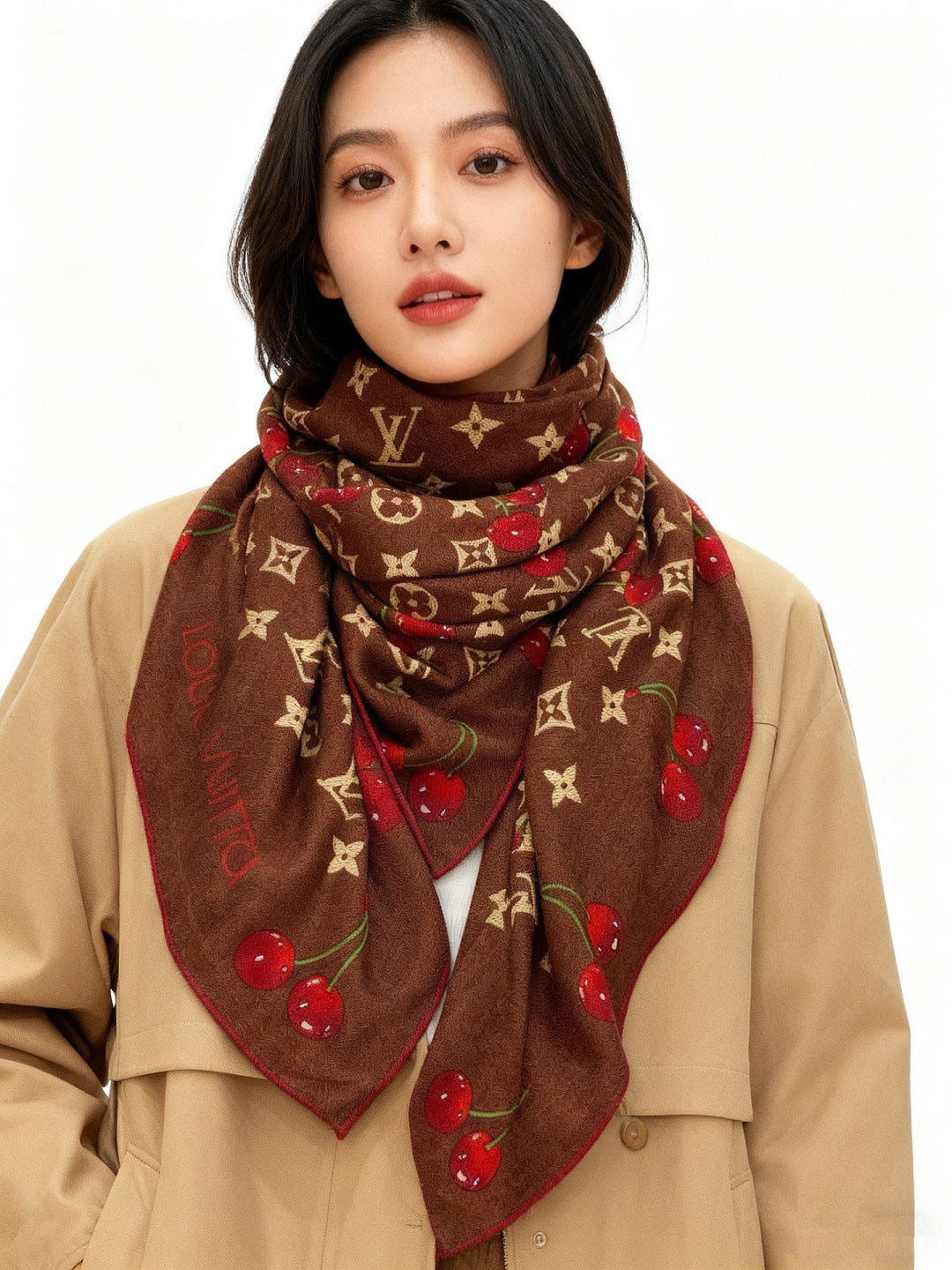 LV X TM MONOGRAM Scarf Brown Red Silk Cashmere 965428