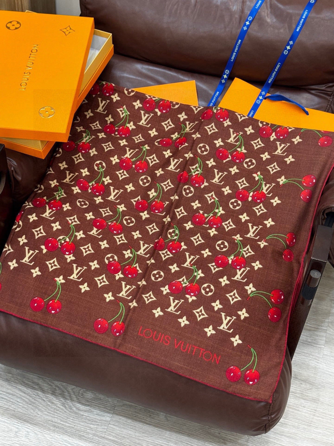 LV X TM MONOGRAM Scarf Brown Red Silk Cashmere 965428
