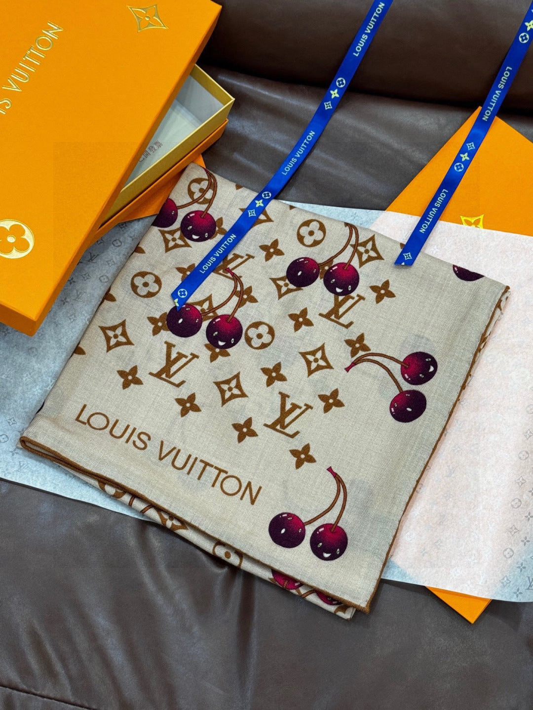 LV X TM MONOGRAM Scarf Beige Burgundy Brown Silk Cashmere 965429