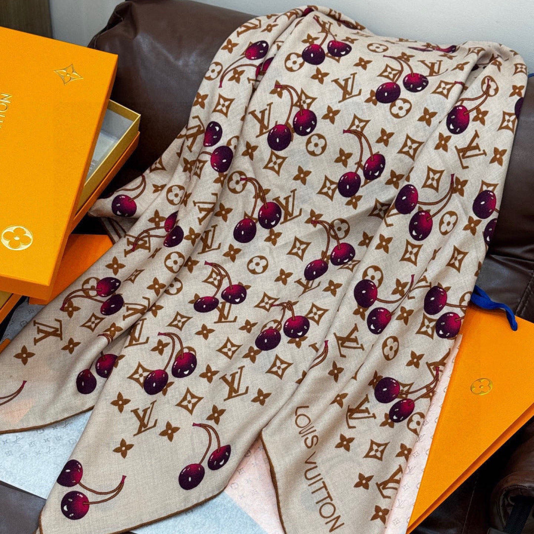 LV X TM MONOGRAM Scarf Beige Burgundy Brown Silk Cashmere 965429