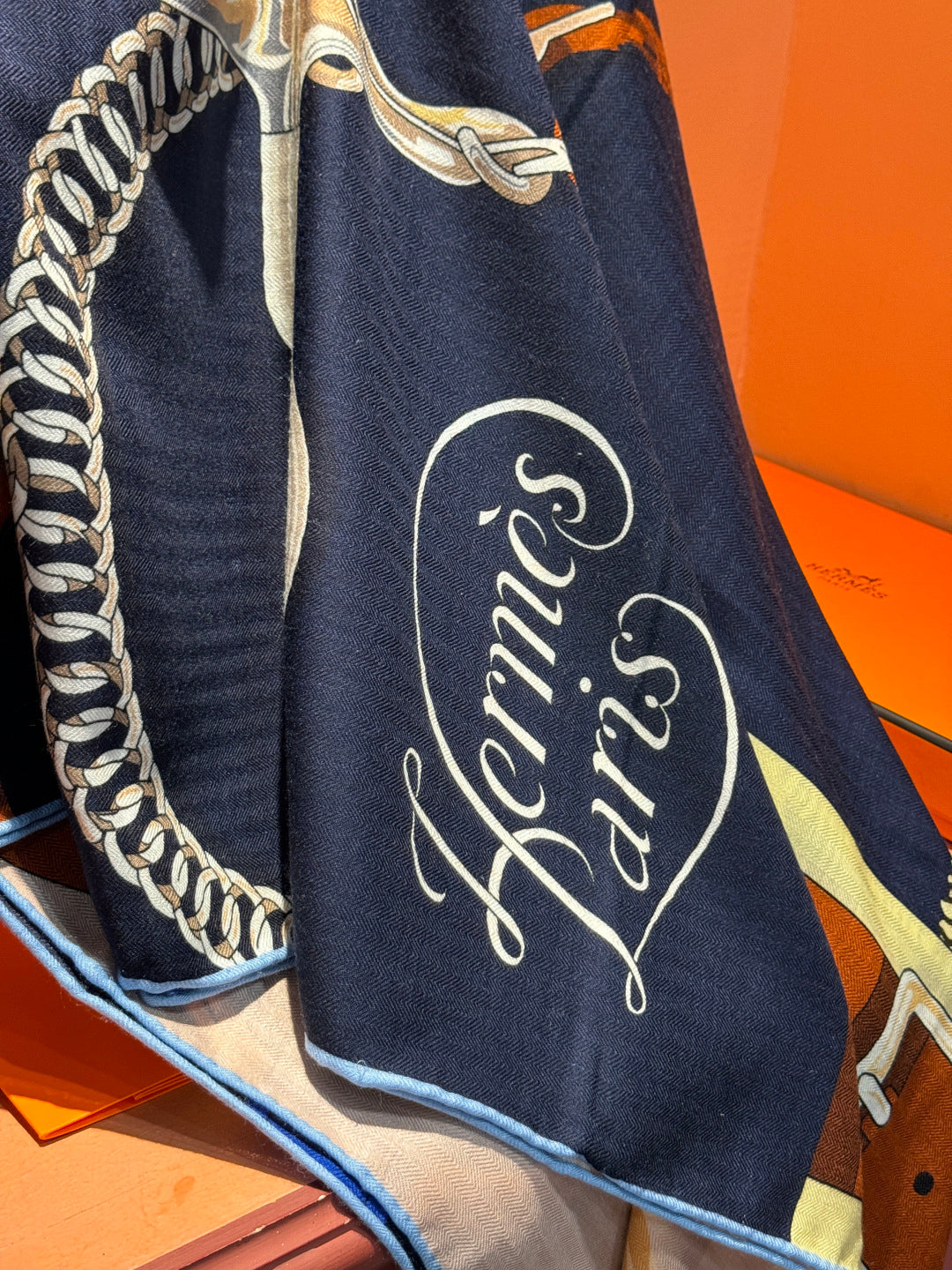 HM 25s Horse Reversible Scarf 140cm Blue Brown Cashmere Silk 967377