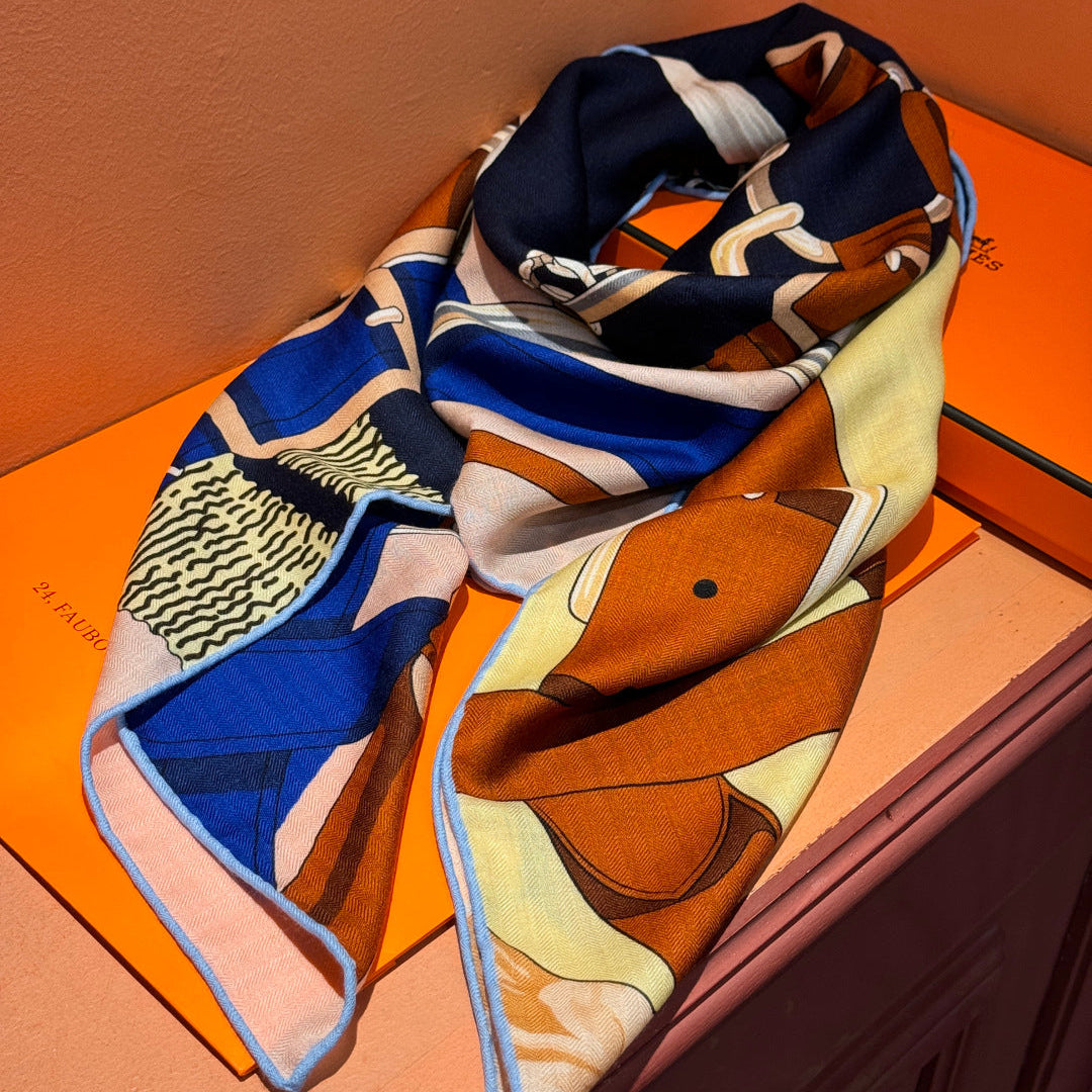 HM 25s Horse Reversible Scarf 140cm Blue Brown Cashmere Silk 967377