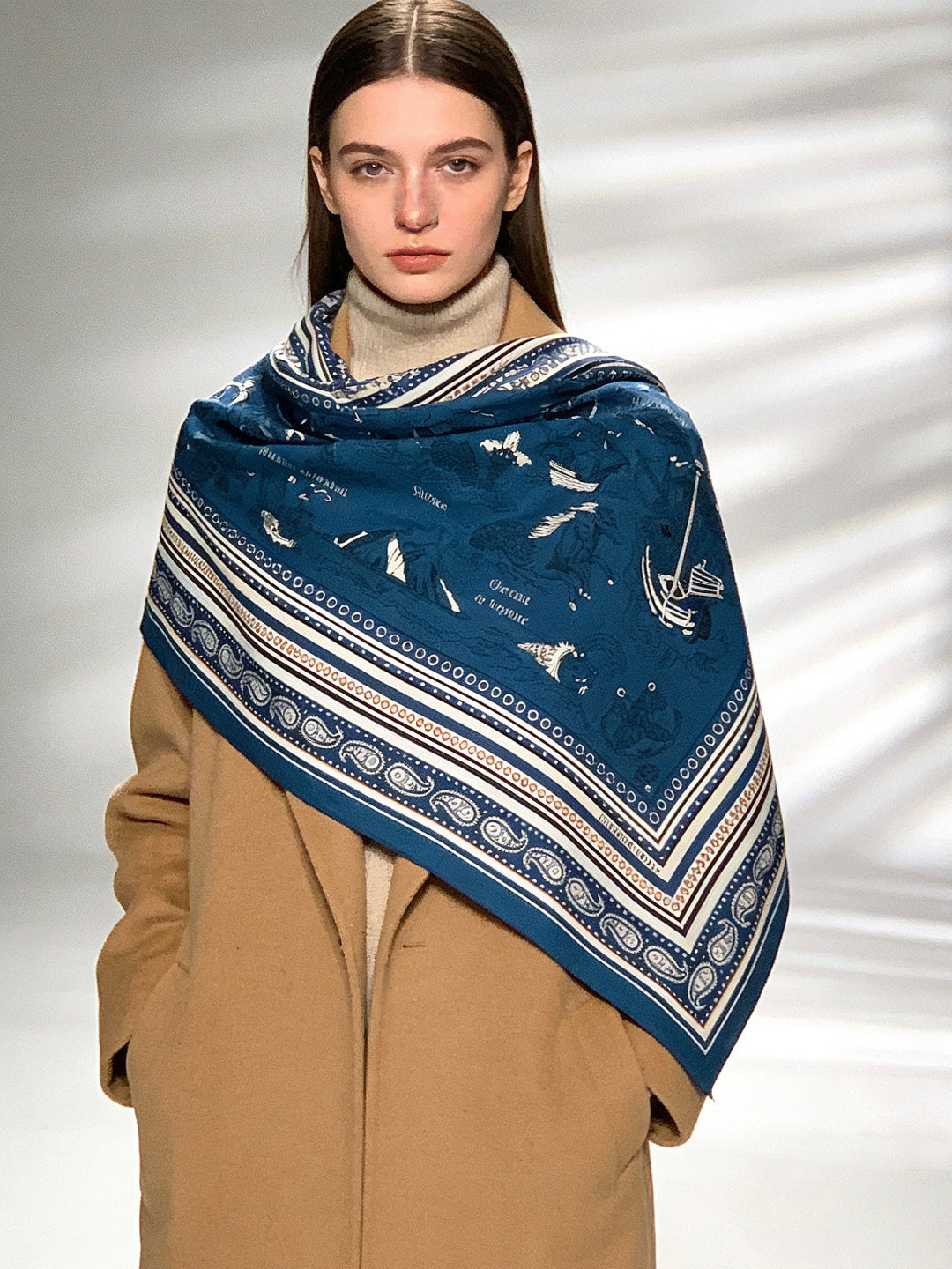 HM 25s Sailor Tattoo Scarf 140cm Dark Blue Beige Cashmere Silk 967415