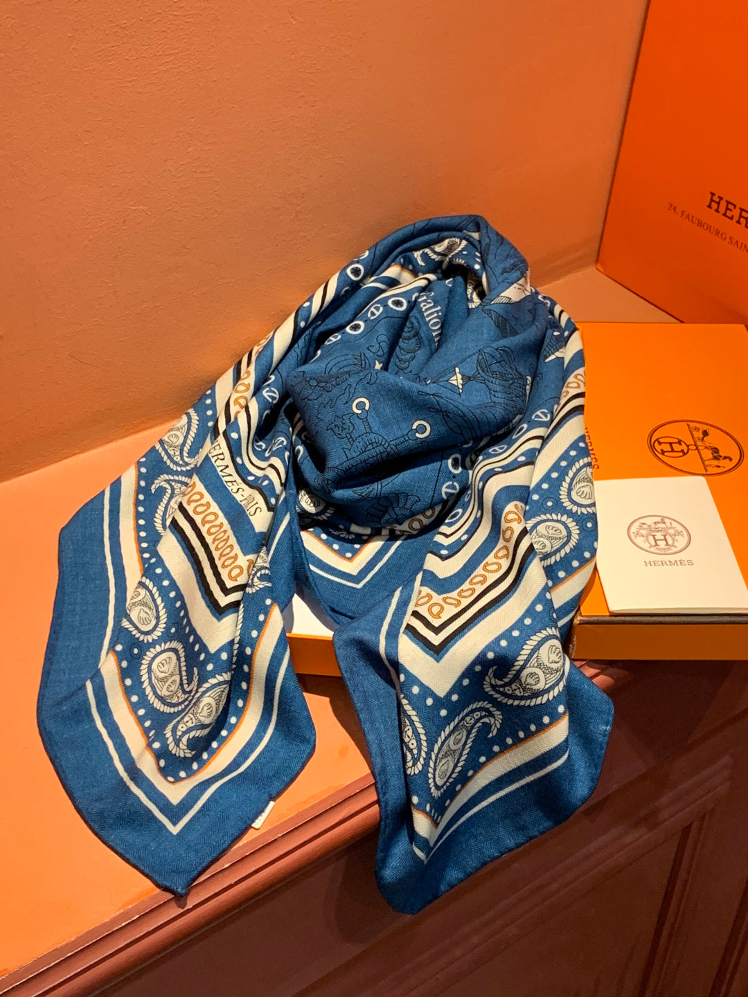 HM 25s Sailor Tattoo Scarf 140cm Dark Blue Beige Cashmere Silk 967415