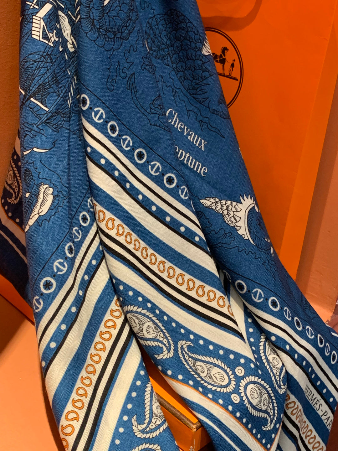 HM 25s Sailor Tattoo Scarf 140cm Dark Blue Beige Cashmere Silk 967415