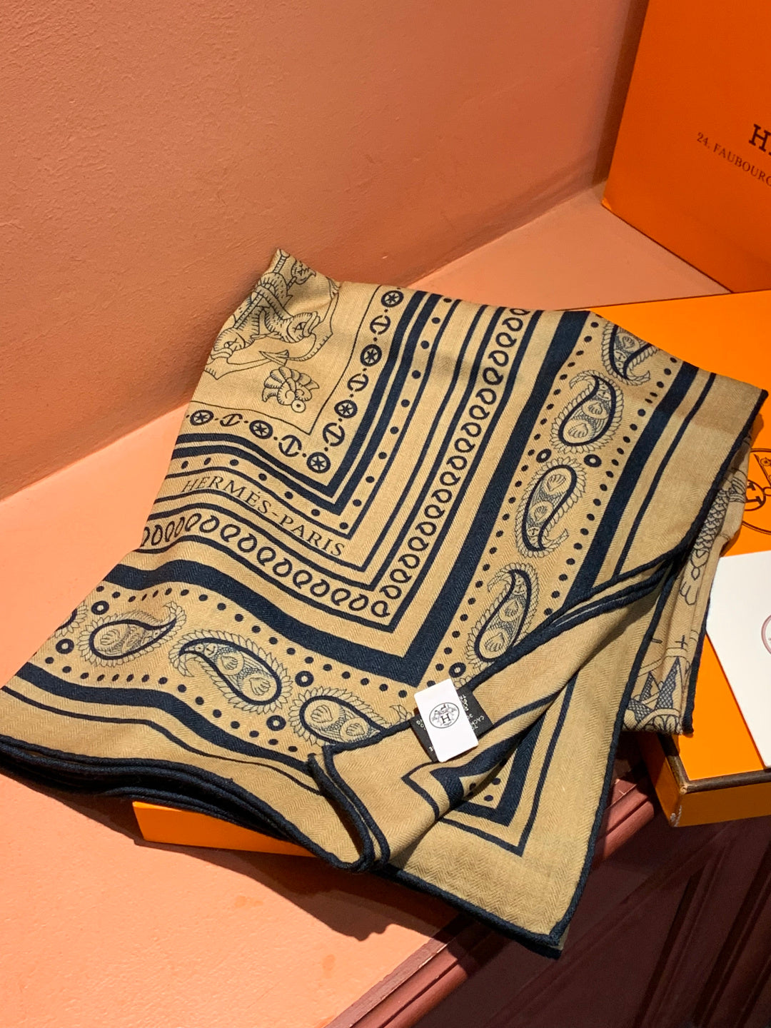 HM 25s Sailor Tattoo Scarf 140cm Dark Beige Black Cashmere Silk 967416