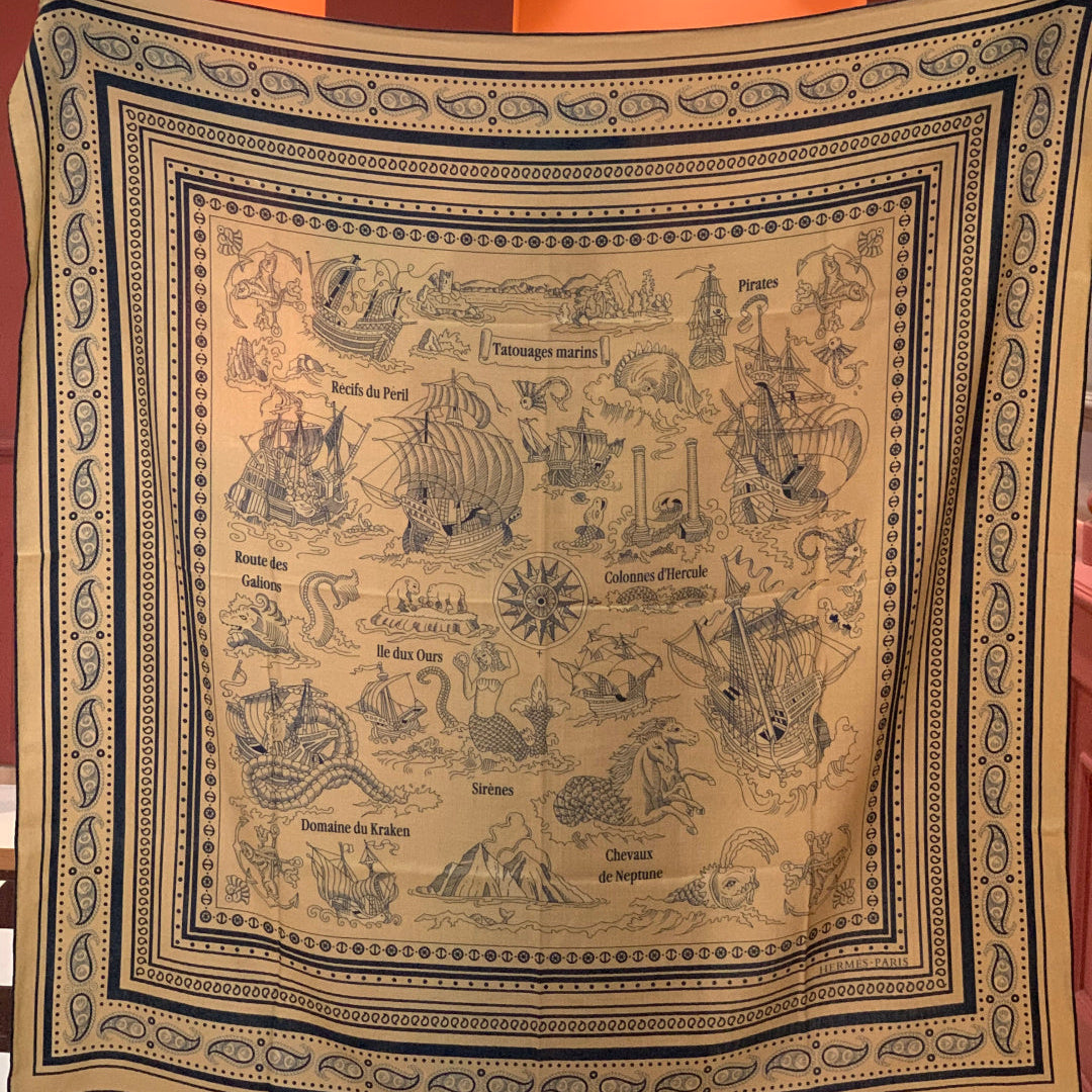 HM 25s Sailor Tattoo Scarf 140cm Dark Beige Black Cashmere Silk 967416