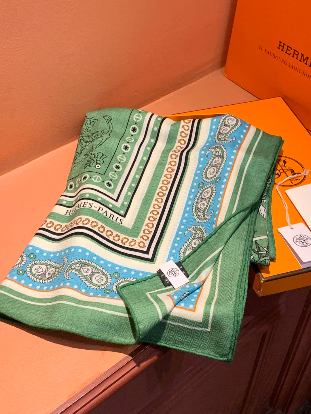 HM 25s Sailor Tattoo Scarf 140cm Green Beige Cashmere Silk 967417