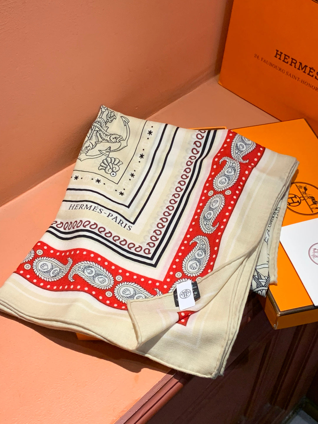 HM 25s Sailor Tattoo Scarf 140cm Red White Black Cashmere Silk 967418