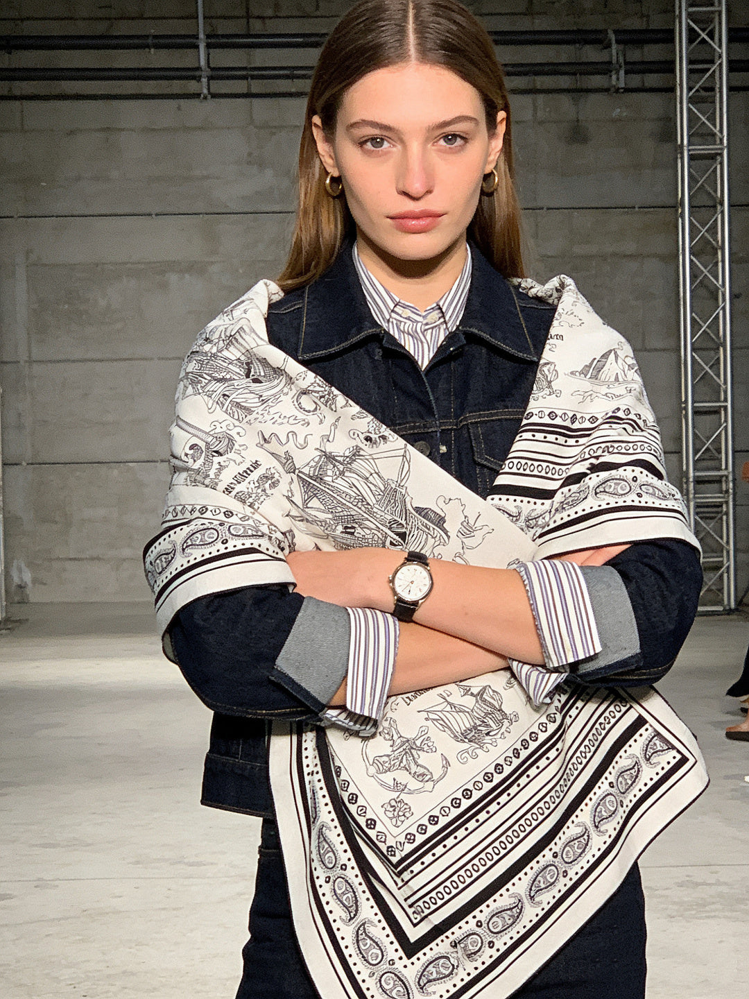 HM 25s Sailor Tattoo Scarf 140cm White Black Cashmere Silk 967419