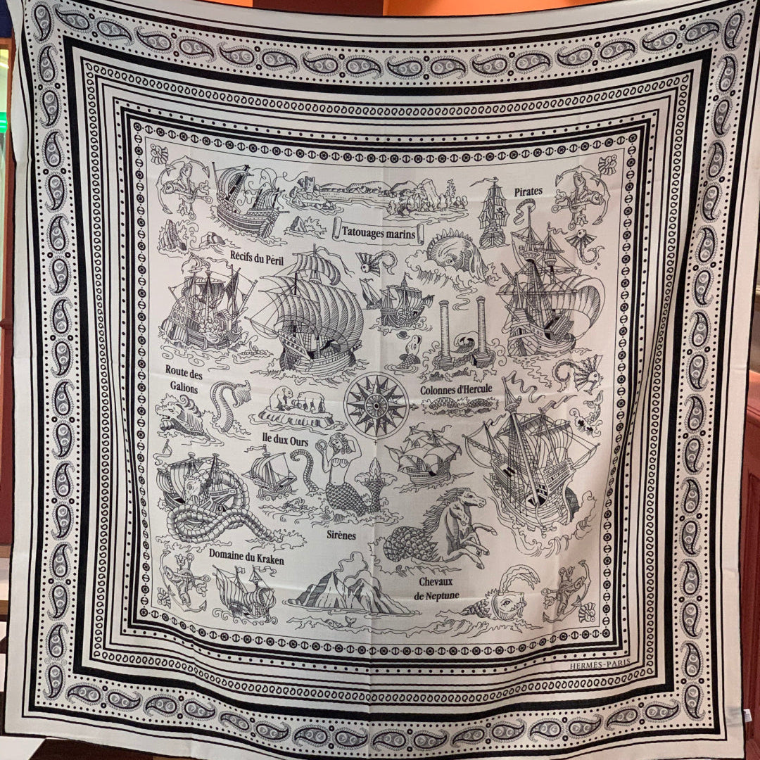 HM 25s Sailor Tattoo Scarf 140cm White Black Cashmere Silk 967419