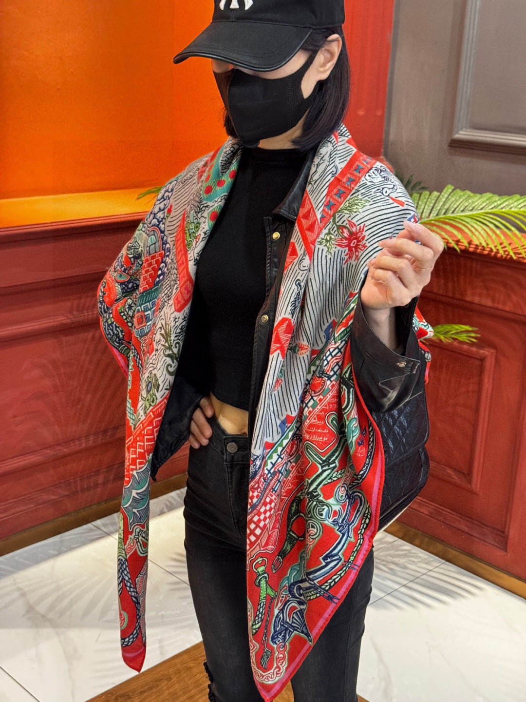 HM 25s Essential Scarf 140cm Red Colorful Cashmere Silk 968742