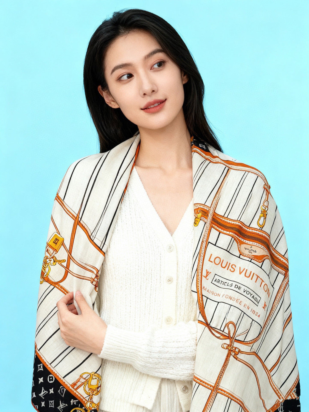 LV Double-Sided Shawl Scarf 135cm Black White Cashmere 968753